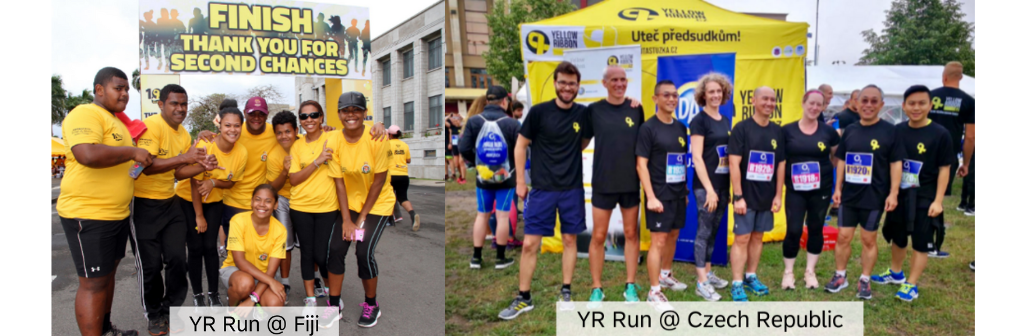 Two groups wearing running outfits, one in Fiji with yellow shirts and a banner, the other in Czech Republic with black shirts.